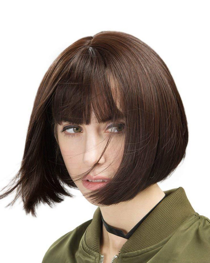 Brown synthetic straight short wig
