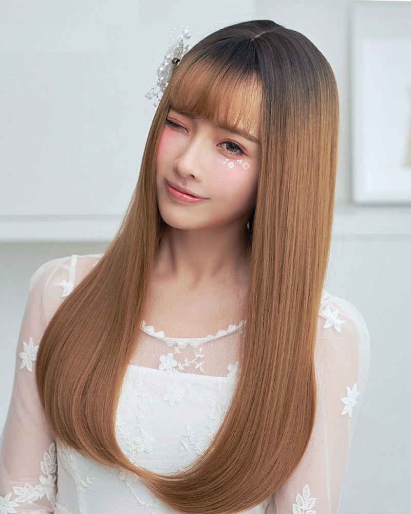 Gradient color straight long synthetic wig