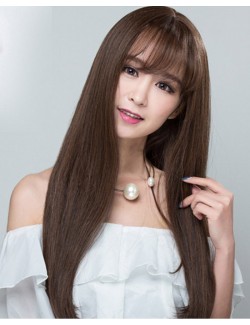 Dark brown straight long synthetic wig