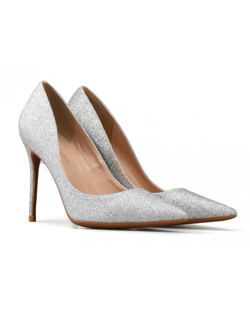 Pointed toe high heel pumps silver sequins