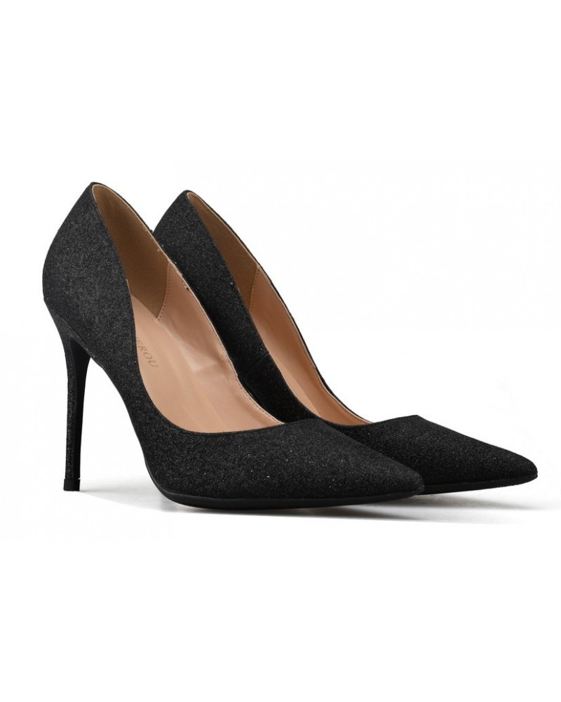 Black pointed toe high heel pumps sequins