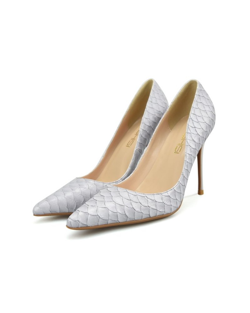 Silvery closed toe stiletto heel fish-scale pattern