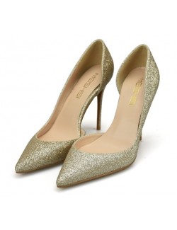 Gold high heels sequins pointed toe pumps