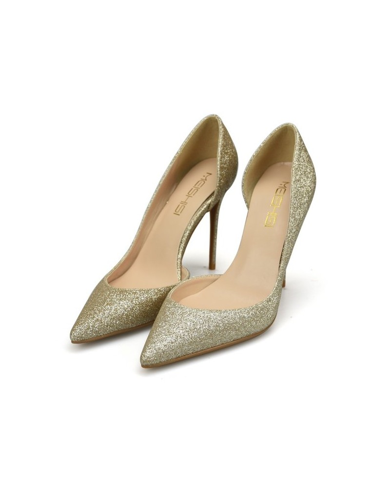 Gold high heels sequins pointed toe pumps