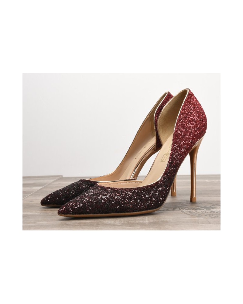 Sparkly dark red gradient glitter shallow heels pumps