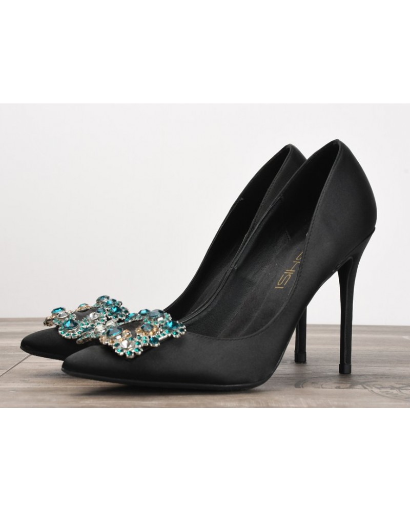 Black satin pumps rhinestone decoration heels