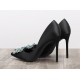 Black satin pumps rhinestone decoration heels