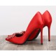 Red satin pumps rhinestone decoration heels