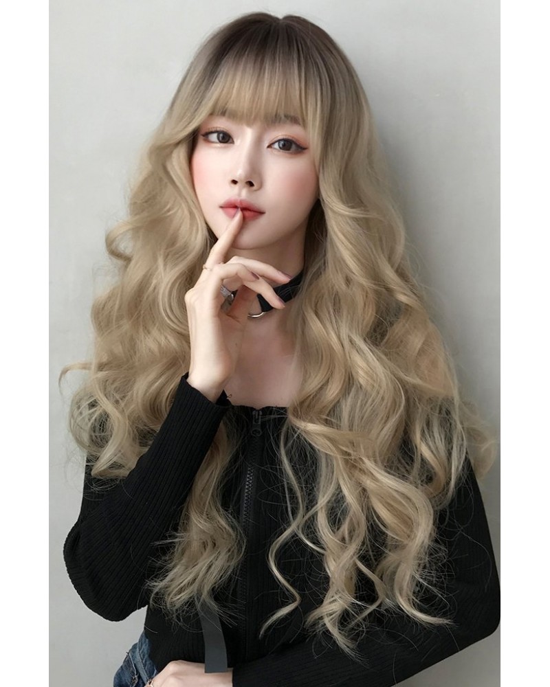 Blond brown long curly synthetic wig