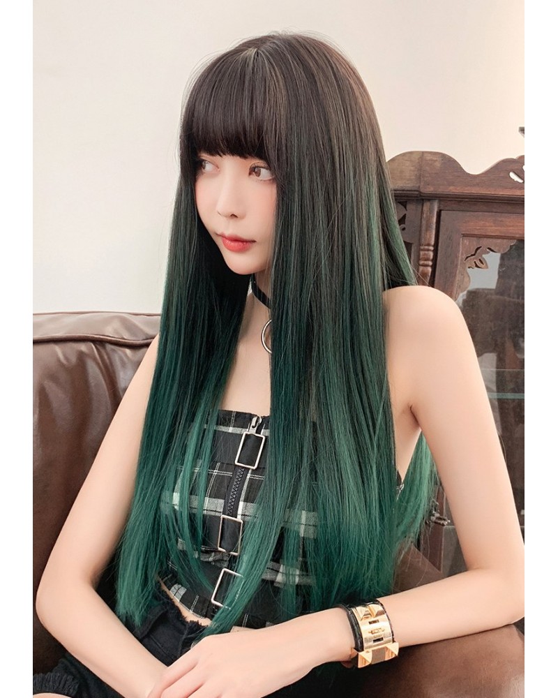 Brown Mixed Honey Blonde Long Straight Natural Wig With Bangs Highlights  Color For Black Women Synthetic Straight Hair Wig With Bangs Bangs Hair)  8740000 2022 – | Long Straight Synthetic Wigs With