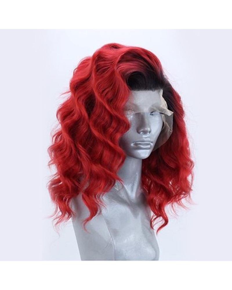 Middle length red lace front curly wig
