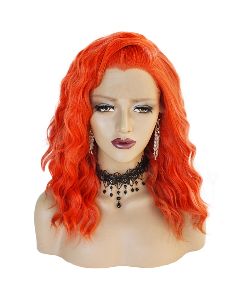 Lace front curly red hair wig middle length