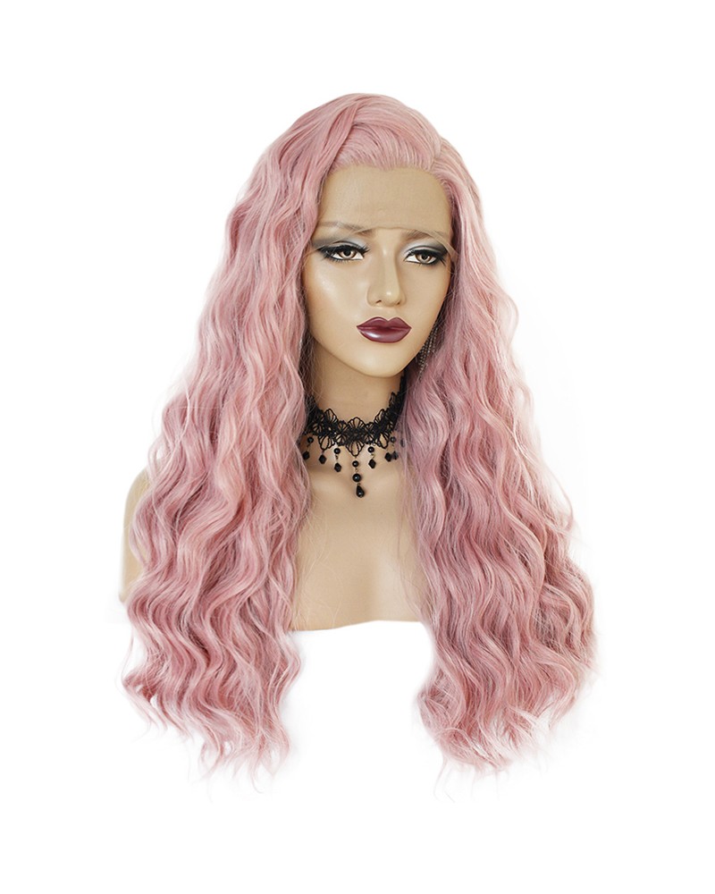 Perruque cheveux rose clair longue bouclée dentelle devant 