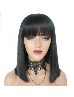 Black medium long straight wig with bangs
