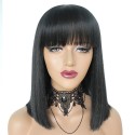 Black medium length straight wig with bangs