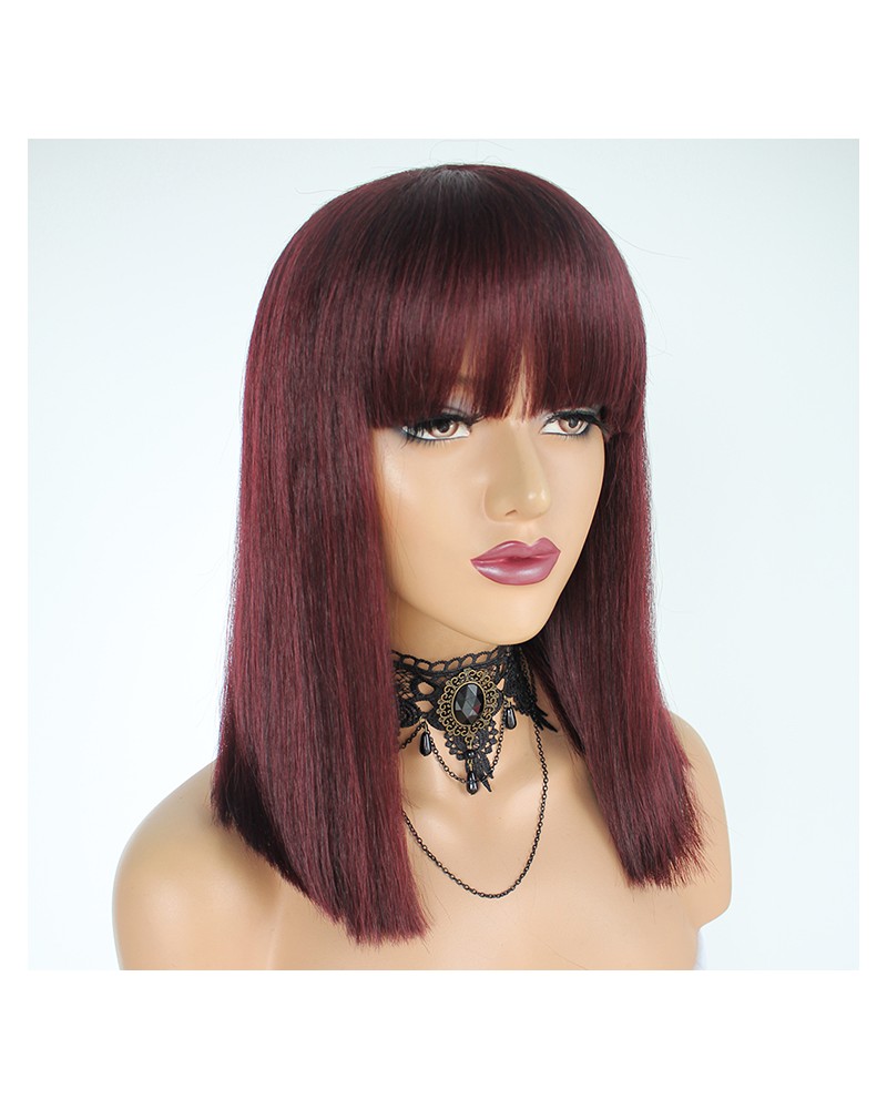 Medium long straight red wig with bangs