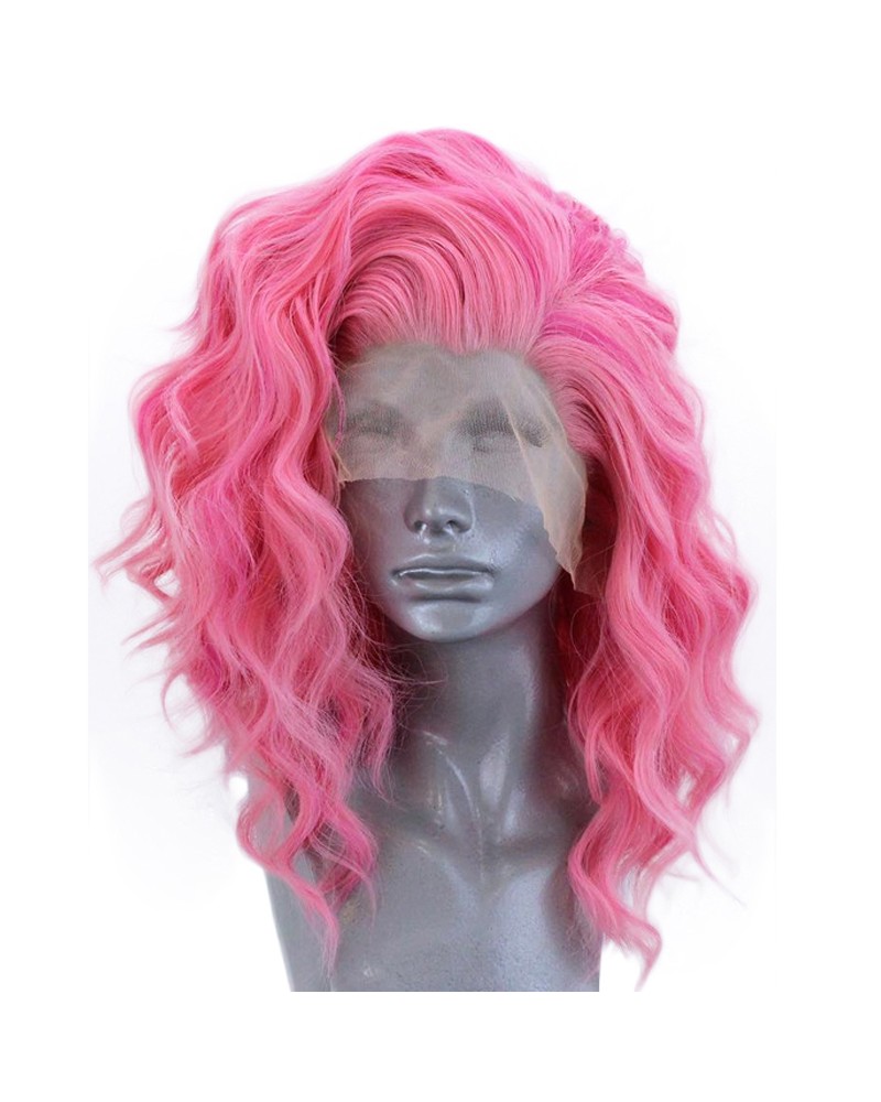 Perruque courte bouclée cheveux rose dentelle devant