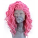 Perruque courte bouclée cheveux rose dentelle devant