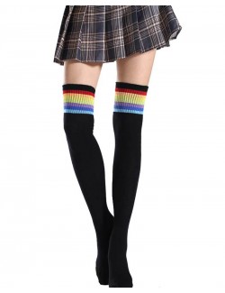 Black Colorful Rainbow Thigh High Socks