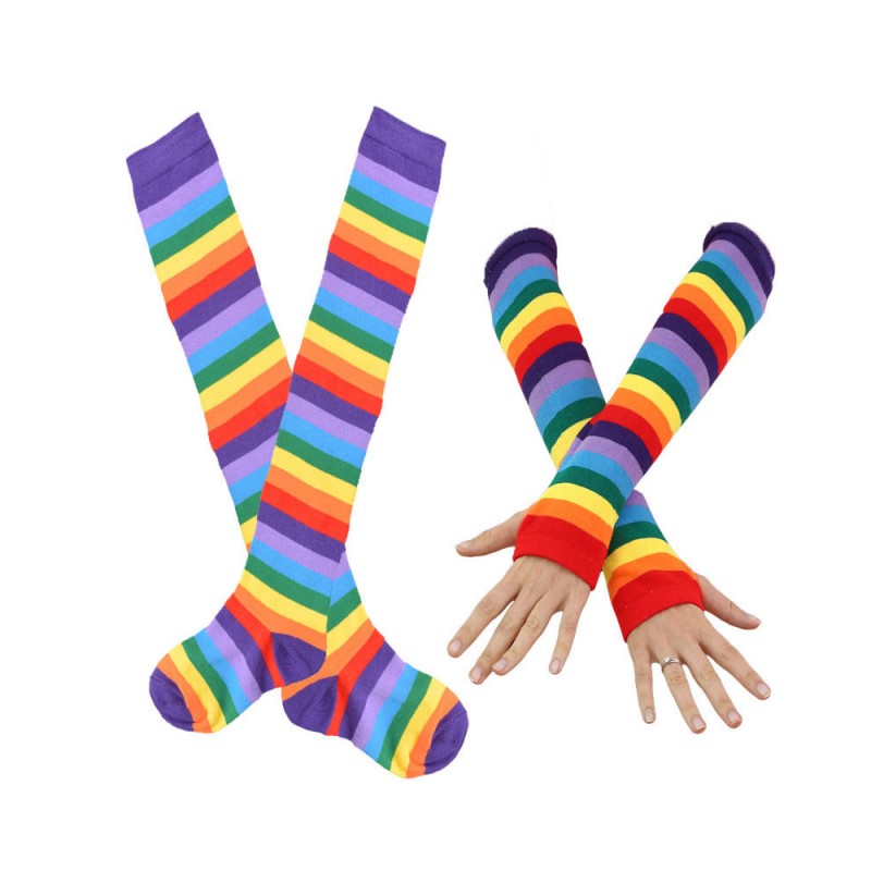 Rainbow Striped Over-the-Knee Socks & Fingerless Sleeve Set - Super X ...