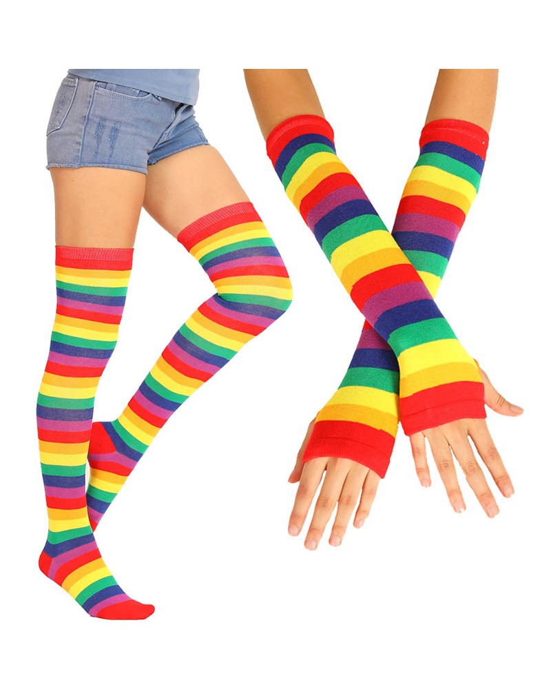 Neon Rainbow Striped Thigh High Socks & Long Fingerless Sleeve Set