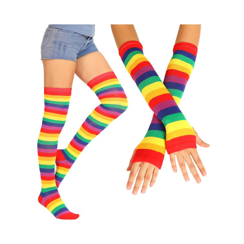 Neon Rainbow Striped Thigh High Socks & Long Fingerless Sleeve Set ...