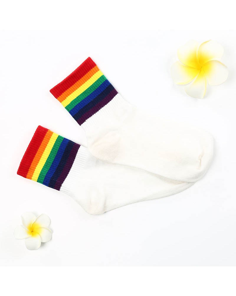 White - Thick Rainbow Striped Unisex Sport Crew Socks