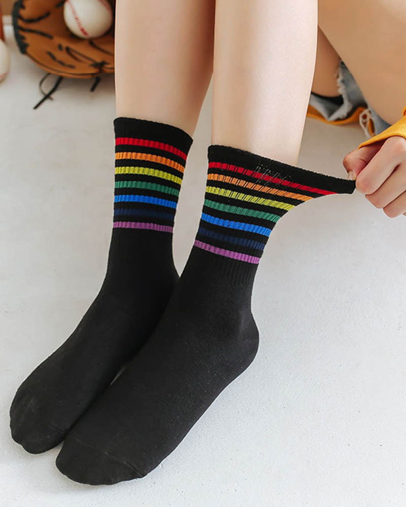Black-Thin Rainbow Striped Unisex Sport Crew Socks