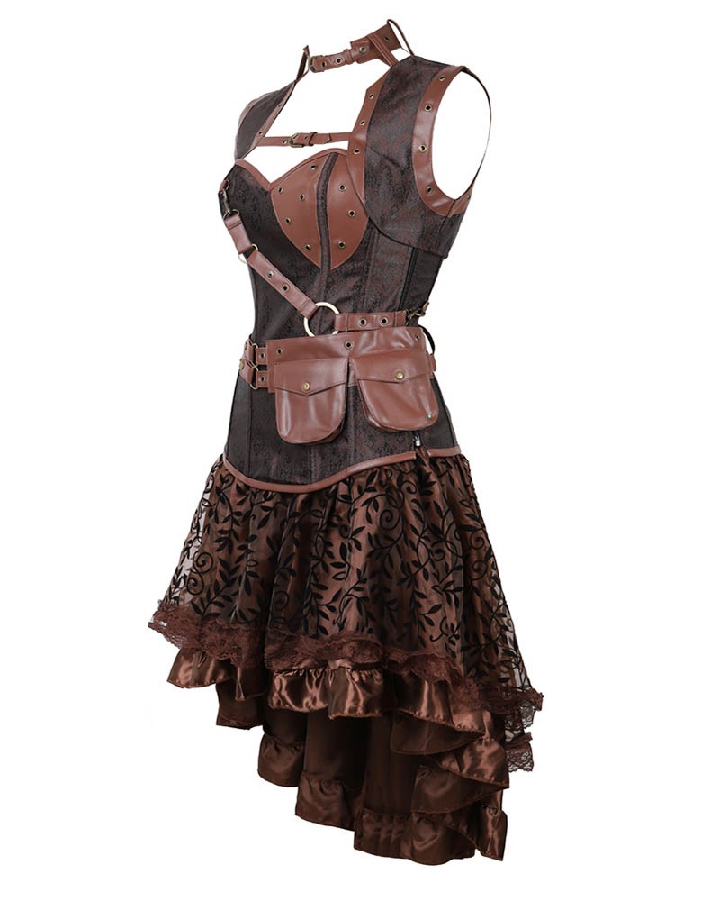Renaissance Steampunk Brown Leather Buckle Corset And Skirt Set