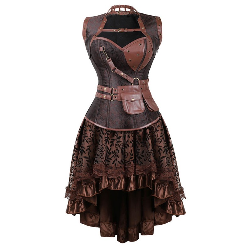 Renaissance Steampunk Brown Leather Buckle Corset And Skirt Set - Super ...