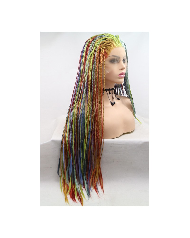 Front lace rainbow braid straight wig multicolored