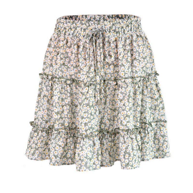 Yellow High-waist A-line Print Ruffles Floral Mini Skirt - Super X Studio