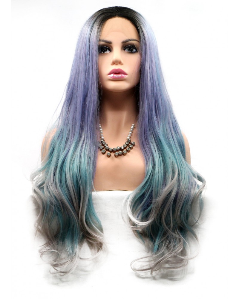 Front lace purple lake blue and grey straight wigs