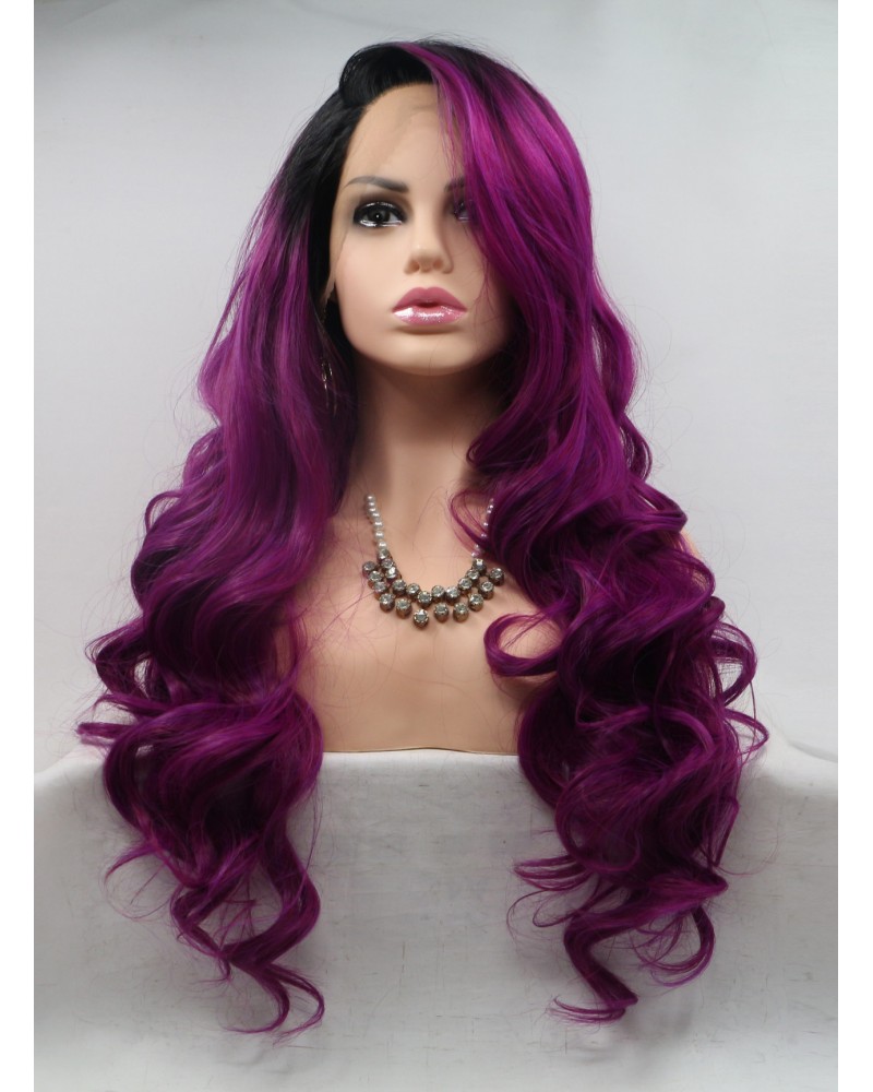 22" lace front deep purple wavy long wigs
