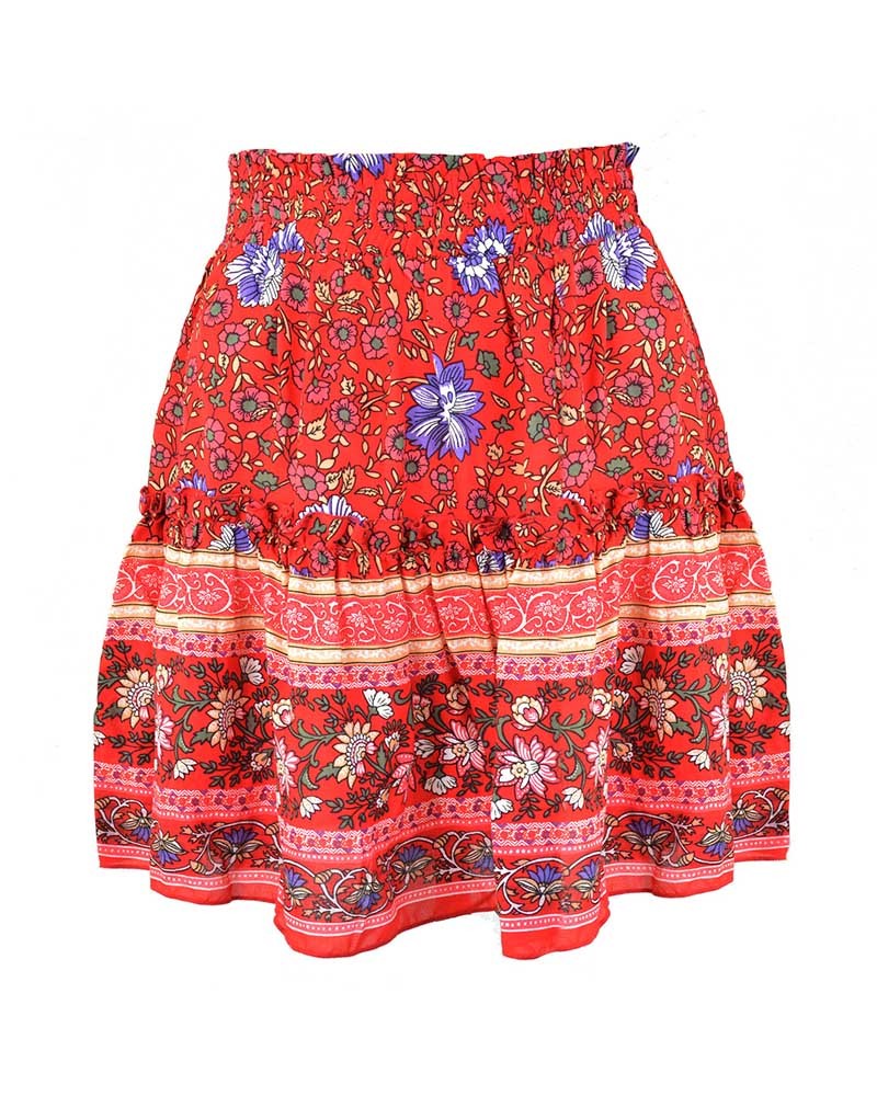 Casual Beach Summer Ruffle Print Red Short Skirt
