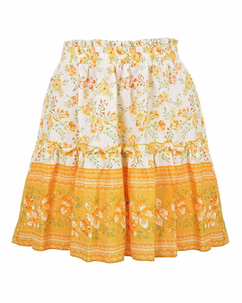 Yellow Floral Elastic High Waist Mini Skirt