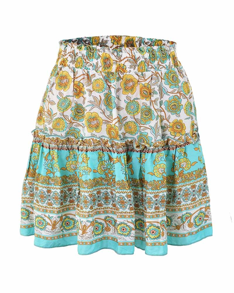 Women Floral Print Bohemian Mini Casual Skirt