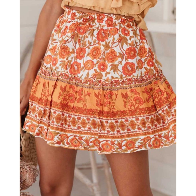 Orange Floral Print Bohemian Casual Beach Mini Skirt - Super X Studio