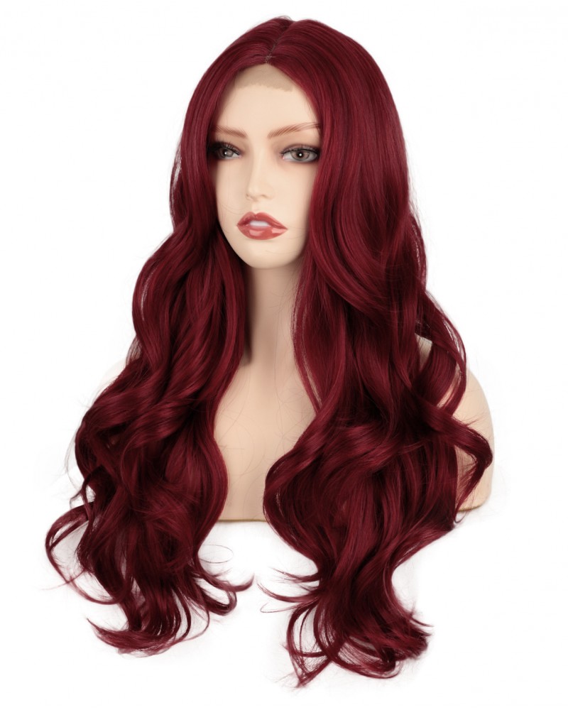 Perruque longue vague aux cheveux rouges en dentelle naturelle réaliste