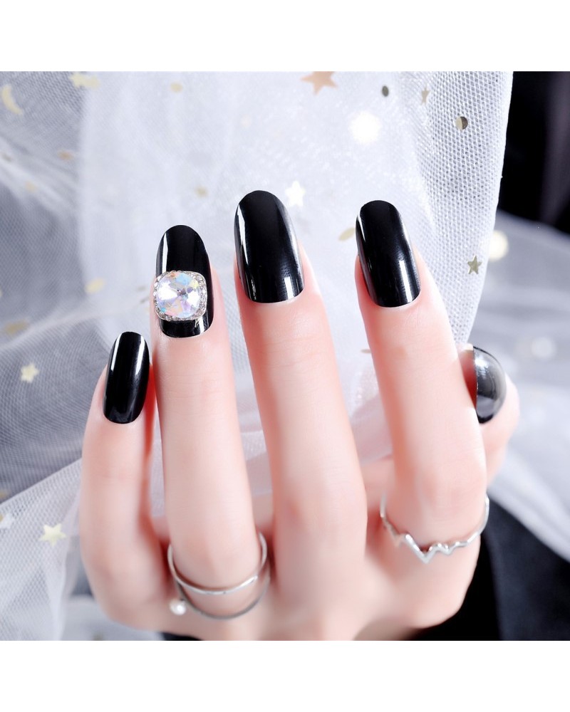 Black nail polish self-adhesive with zircon wearable removable black solid false nails
