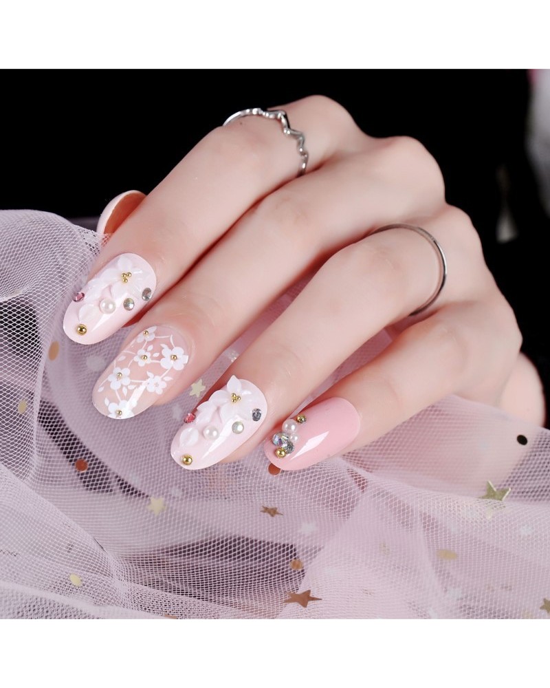 Cute pink flowers polish fake nails self-adhesive