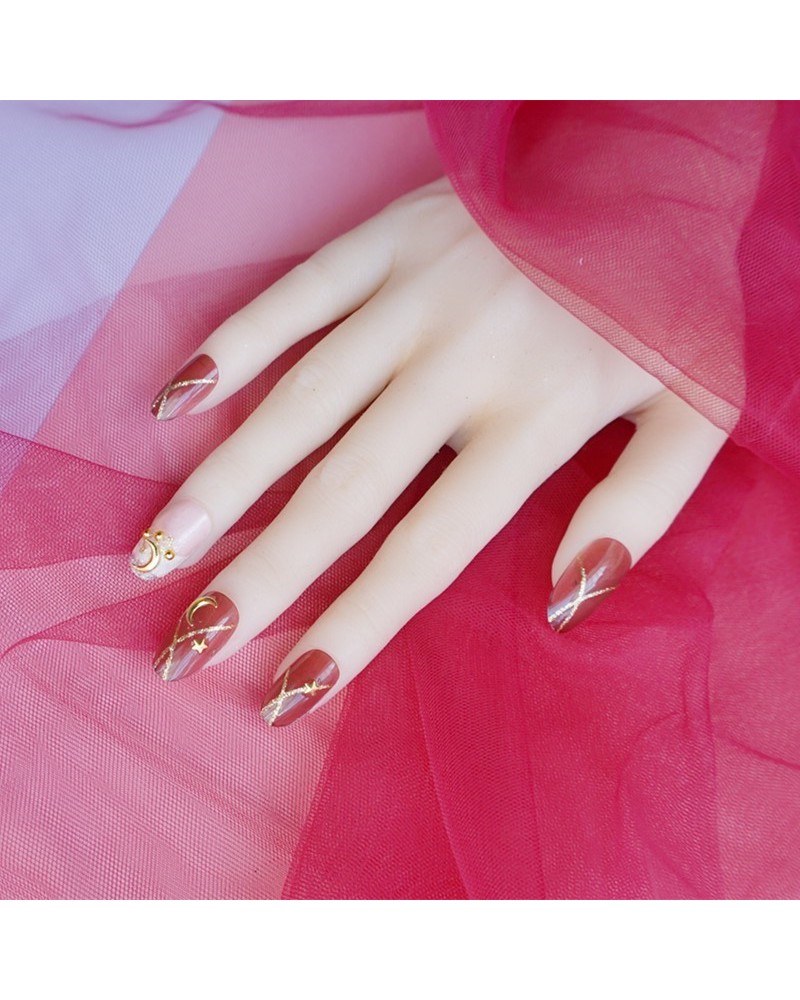 Cute pink starry sky fake nails self-adhesive