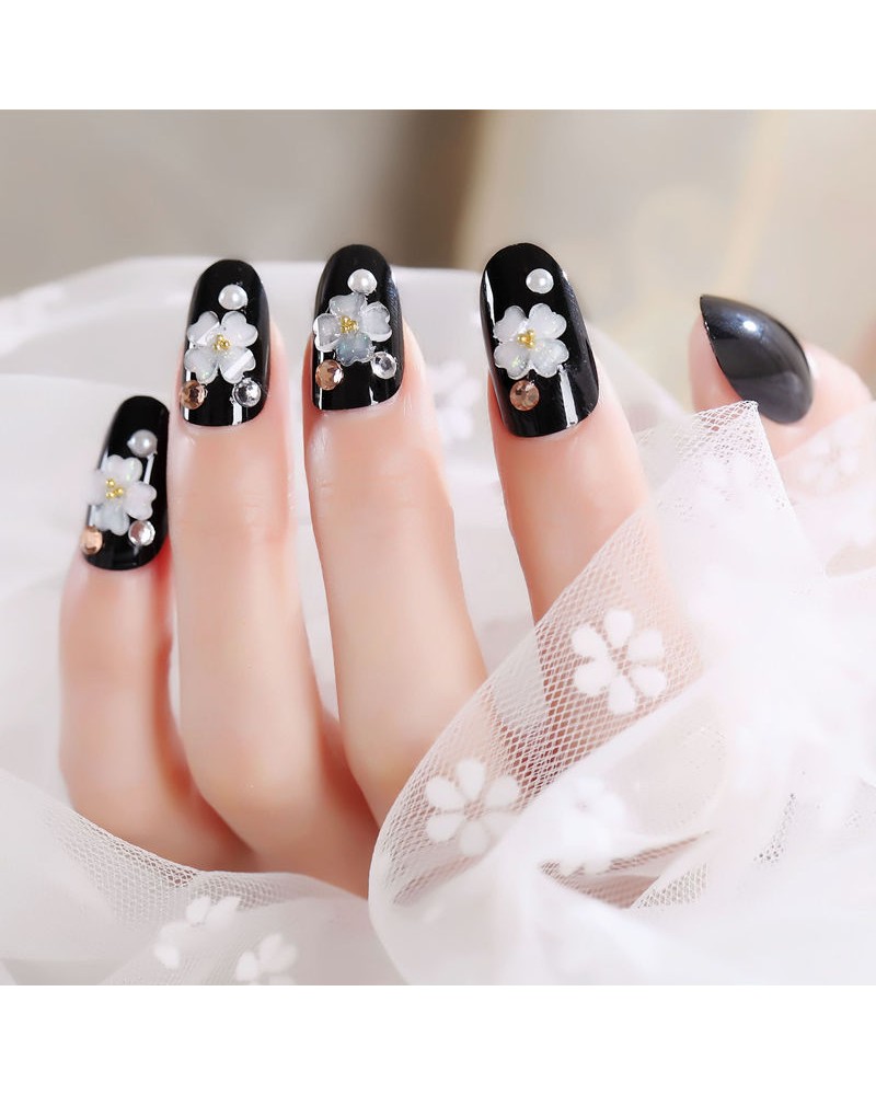 Adhésif faux ongles noir brillant décoration fleurs