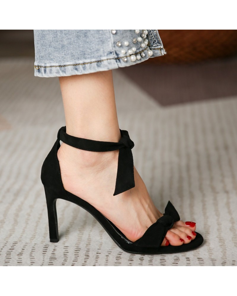 Black suede bow strap low-heel sandals