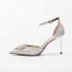 Shiny silver heel pointed sandals with rhinestones