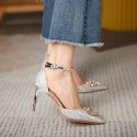 Shiny silver heel pointed sandals with rhinestones