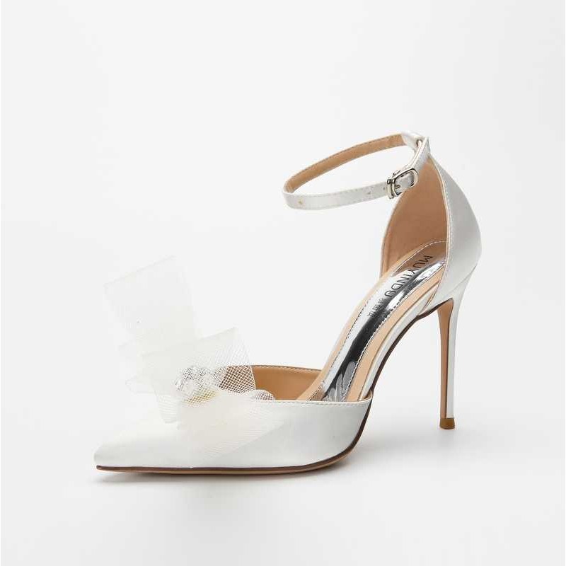 White asymmetric bow pointed high heels - Super X Studio