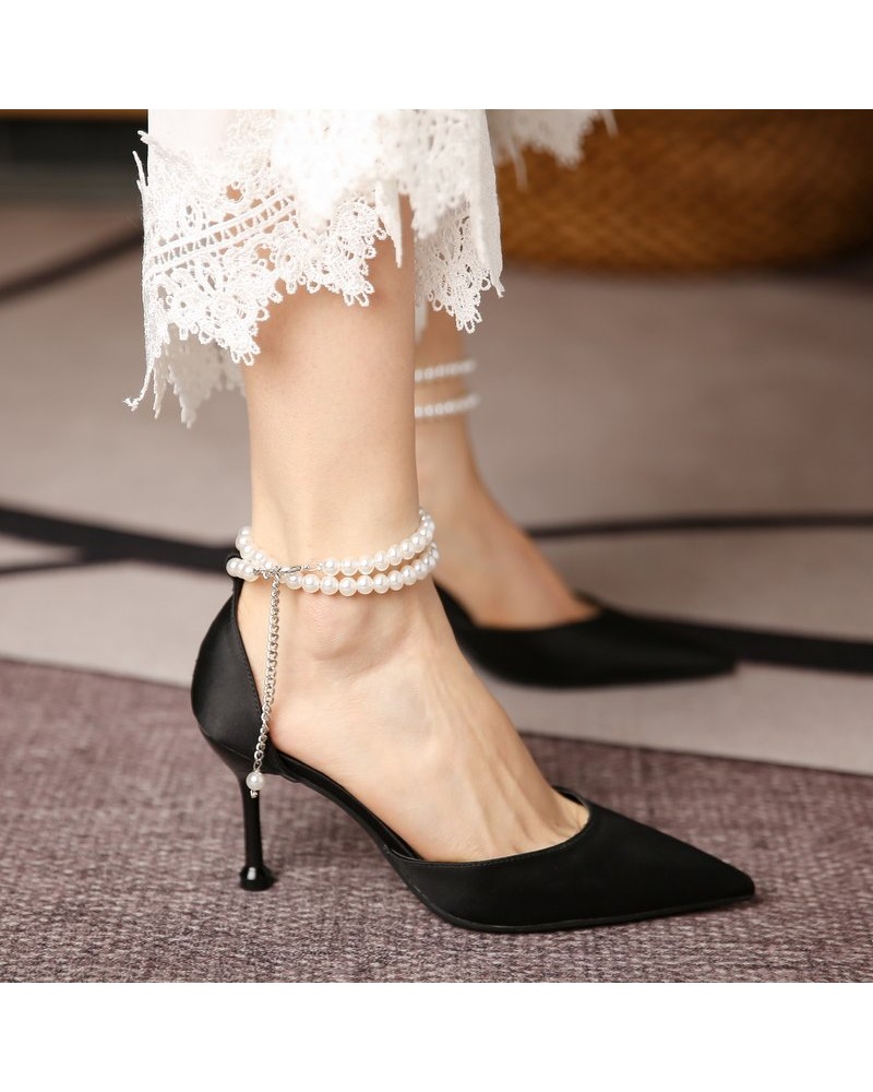 Ankle pearl strap closed toe heels