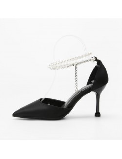Ankle pearl strap closed toe heels