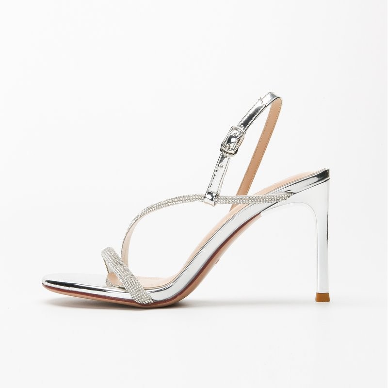 Mirror silver rhinestone strappy heeled sandals - Super X Studio